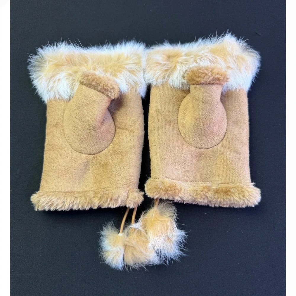 All Jazzed Up Faux Suede Fur Trim Fingerless Gloves Tan Pom Pom Y2K Winter OS